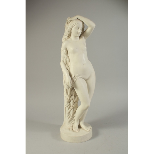 1137 - A MARSHALL AND WOOD COPELAND PARIAN FIGURE OF DAPHNE, standing naked on a circular base. 23ins high.... 