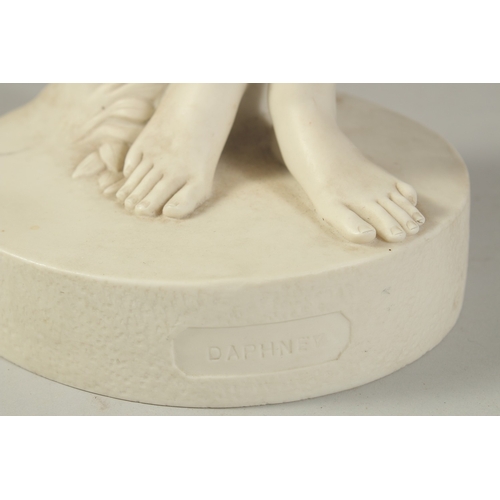 1137 - A MARSHALL AND WOOD COPELAND PARIAN FIGURE OF DAPHNE, standing naked on a circular base. 23ins high.... 