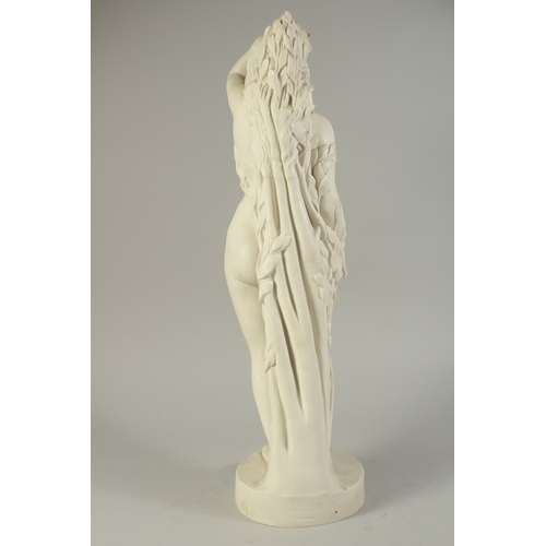 1137 - A MARSHALL AND WOOD COPELAND PARIAN FIGURE OF DAPHNE, standing naked on a circular base. 23ins high.... 