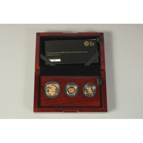 1465 - THE ROYAL MINT. THE SOVEREIGN 2015 THREE COIN, PREMIUM GOLD PROOF COIN SET.  No. 006. Double soverei... 