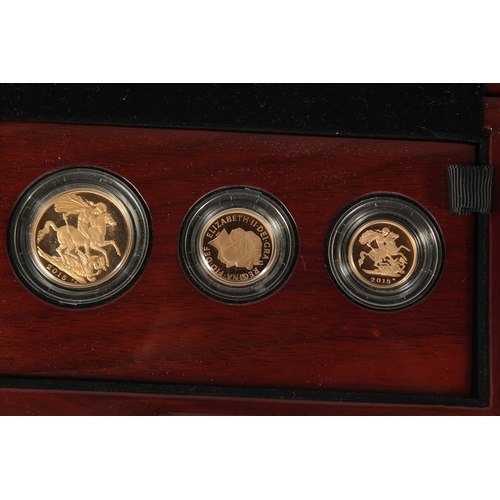 1465 - THE ROYAL MINT. THE SOVEREIGN 2015 THREE COIN, PREMIUM GOLD PROOF COIN SET.  No. 006. Double soverei... 