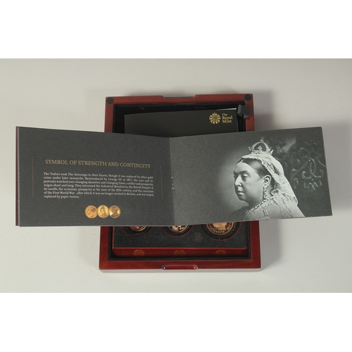 1465 - THE ROYAL MINT. THE SOVEREIGN 2015 THREE COIN, PREMIUM GOLD PROOF COIN SET.  No. 006. Double soverei... 