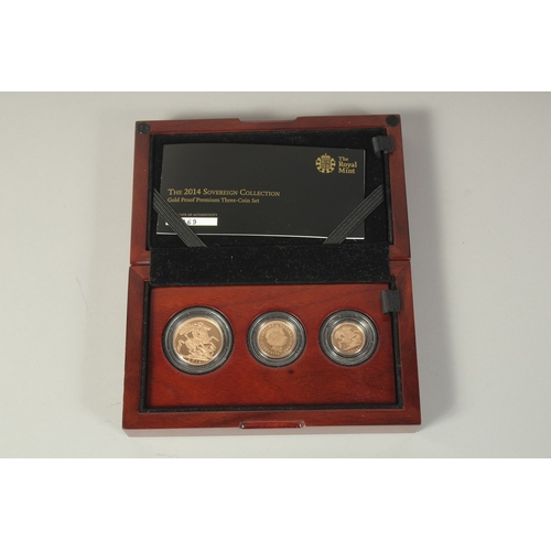 1466 - THE ROYAL MINT. THE SOVEREIGN 2014 THREE COIN PREMIUM GOLD PROOF SET. No. 169. Double sovereign, sov... 