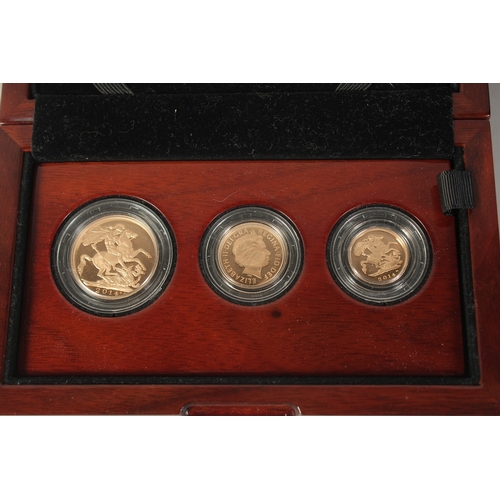 1466 - THE ROYAL MINT. THE SOVEREIGN 2014 THREE COIN PREMIUM GOLD PROOF SET. No. 169. Double sovereign, sov... 