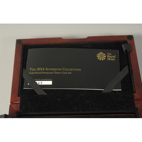 1466 - THE ROYAL MINT. THE SOVEREIGN 2014 THREE COIN PREMIUM GOLD PROOF SET. No. 169. Double sovereign, sov... 