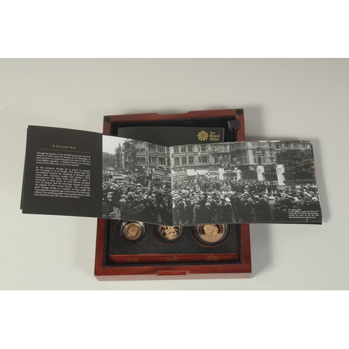 1466 - THE ROYAL MINT. THE SOVEREIGN 2014 THREE COIN PREMIUM GOLD PROOF SET. No. 169. Double sovereign, sov... 