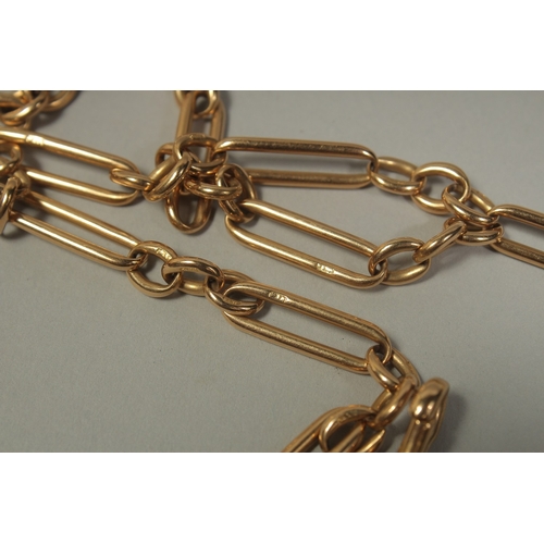 1475 - AN 18CT GOLD CHAIN (WATCH GUARD) 18ins long. Stamped: 18ct.   Maker: W & S.. Weight: 48gms.