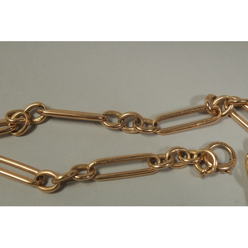 1475 - AN 18CT GOLD CHAIN (WATCH GUARD) 18ins long. Stamped: 18ct.   Maker: W & S.. Weight: 48gms.