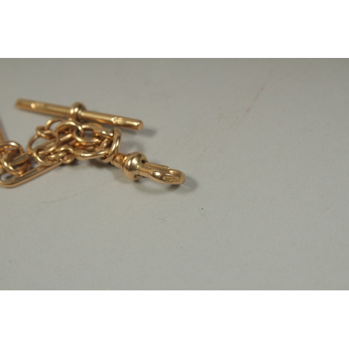 1475 - AN 18CT GOLD CHAIN (WATCH GUARD) 18ins long. Stamped: 18ct.   Maker: W & S.. Weight: 48gms.