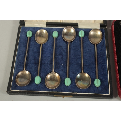 1793 - A SET OF SIX SILVER HANDLED TEA KNIVES AND SIX BEAN END COFFEE SPOONS, both cased.