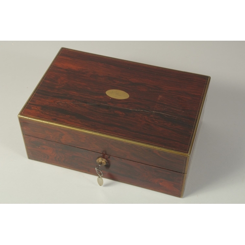 1796 - A VERY GOOD VICTORIAN LADIES ROSEWOOD DRESSING CASE with brass banding opening to reveal five silver... 