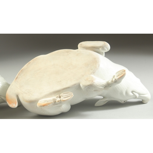 98 - TWO JAPANESE HIRADO PORCELAIN WILD BOAR, with finely carved fur detail, each 25cm long.