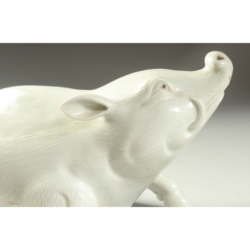 98 - TWO JAPANESE HIRADO PORCELAIN WILD BOAR, with finely carved fur detail, each 25cm long.