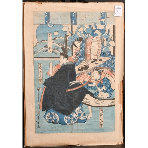 1 - 19TH Century Japanese School, possibly Seki Sanjuro, a nobleman with courtiers, woodcut, 14.5