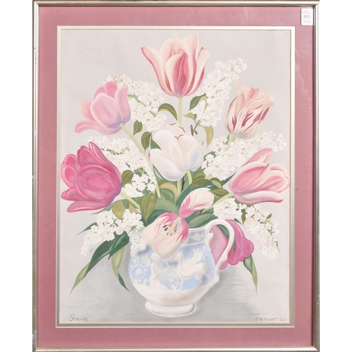 103 - O. E. Nisbet, 'Spring', still life of tulips and other flowers in a jug, gouache, signed and dated 6... 