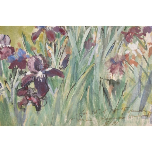 107 - Hermione Hammond (1910-2005), an iris fringed pond and topiary in a garden, watercolour, signed and ... 