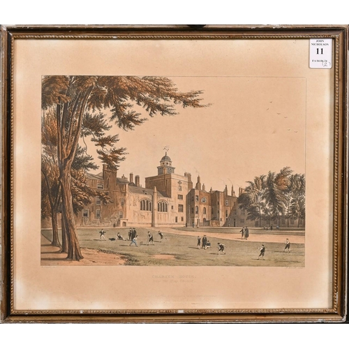 11 - Bennett after Westall, 'Charterhouse from the playground', (cricketing scene), hand coloured aquatin... 