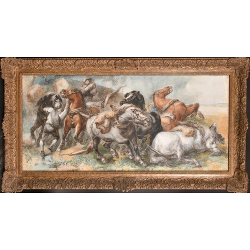 112 - Harden Sidney Melville (1824-1894), frightened horses and their mounts gathered beneath a thundersto... 