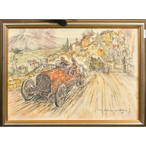 114 - Manner of Crosby, cars racing through a mountain village, watercolour and pastel, bears signature, 1... 