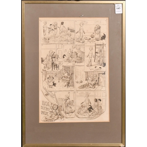 143 - George Cruickshank, a cartoon strip of young girl and a frightening doll, ink, signed, 13