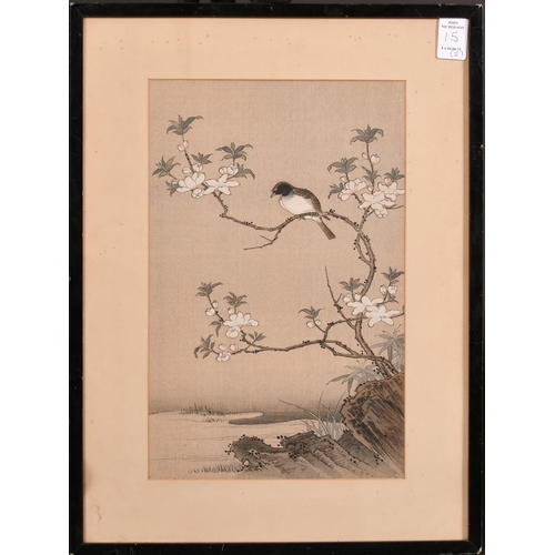 15 - Chinese School, 20th Century, bird on a branch, colour woodcut, 11.75