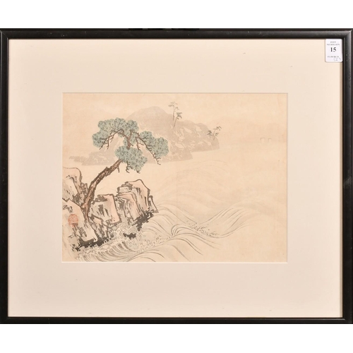 15 - Chinese School, 20th Century, bird on a branch, colour woodcut, 11.75