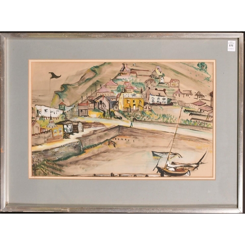 151 - Circle of John Paddy Carstairs, landscape of a harbour village, watercolour, 13