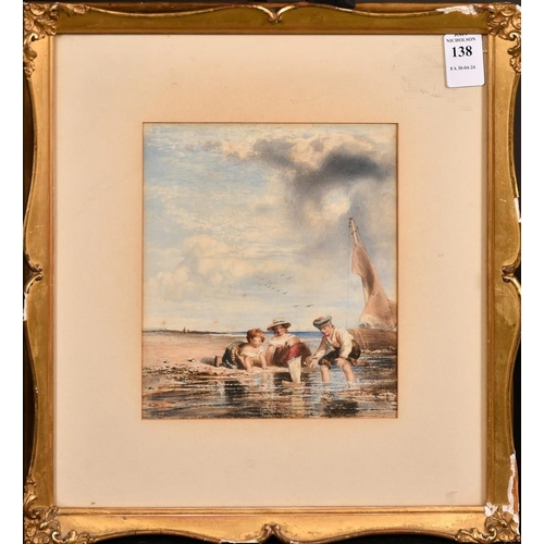 156 - 19th Century Scottish School, children playing with a toy yacht on a coastal inlet, watercolour, 6.7... 