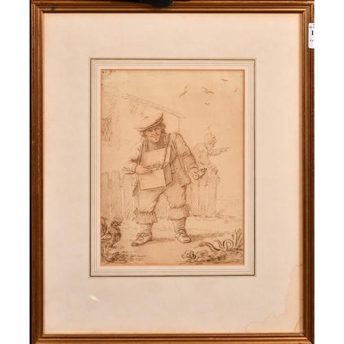 182 - Early 19th Century, an ink and watercolour drawing of a potion seller with a female figure and a ser... 