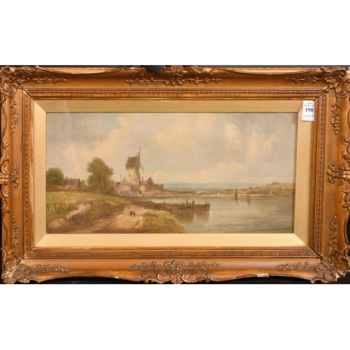 198 - A. Vickers (19th Century), figures on a lakeside path approaching a windmill, oil on canvas, signed,... 