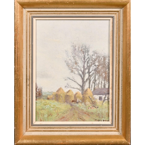 201 - Early 20th Century Scottish School, haystacks by a farm building, oil on canvasboard, indistinctly s... 