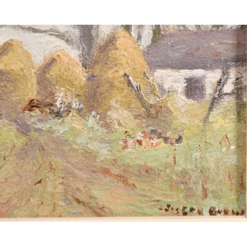 201 - Early 20th Century Scottish School, haystacks by a farm building, oil on canvasboard, indistinctly s... 