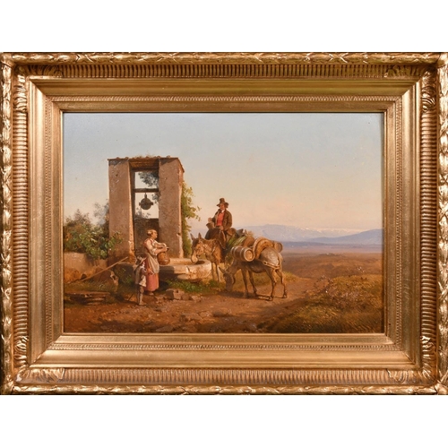 204 - F. Rohde, Continental School, Circa 1859, wayfarers collecting water from a well at dusk, oil on mah... 