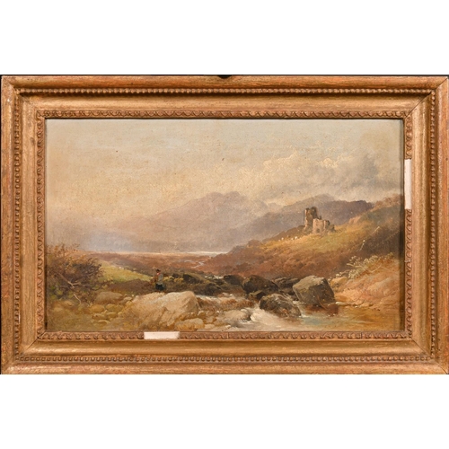 206 - 19th Century English School, figures by a mountain river with castle ruins beyond, oil on canvas, 8.... 