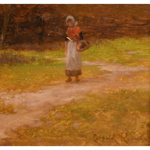 208 - Leopold Rivers (1852-1905), female figure on a country track near farm buildings approaching dusk, o... 