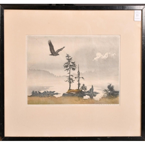 21 - Leo Frank, an eagle flying over a landscape, colour woodcut, signed in pencil, 8