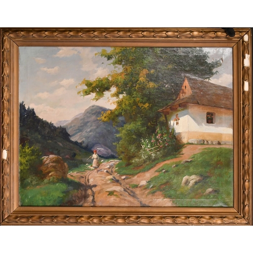 213 - Tibor Szontagh (1873-1930), female figure on a mountain path passing a cottage, oil on canvas, signe... 