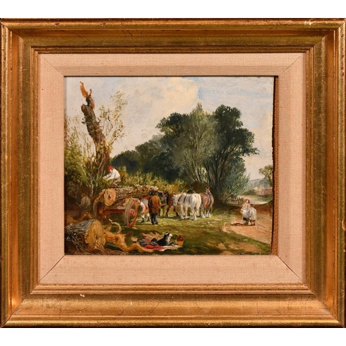 218 - Circle of Herring, figures around a logging cart, oil on board, 5.5