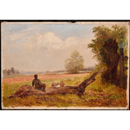 220 - Walter Vernon (Late 19th Century), figures resting on a log, oil on board, signed, 6