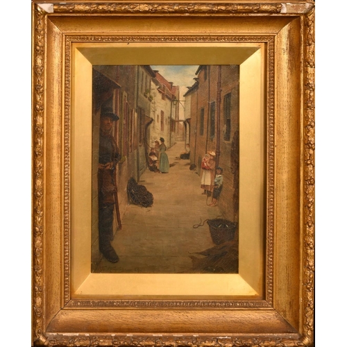 222 - Alfred Armitage, Late 19th Century, 'The Cross, Whitby', figures in a narrow street, oil on canvas, ... 