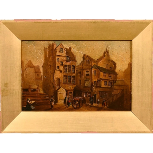 223 - Early 19th Century, a pair of oil on panel town views with figures, both with indistinct inscription... 