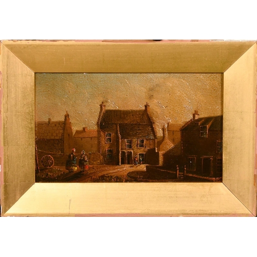 223 - Early 19th Century, a pair of oil on panel town views with figures, both with indistinct inscription... 