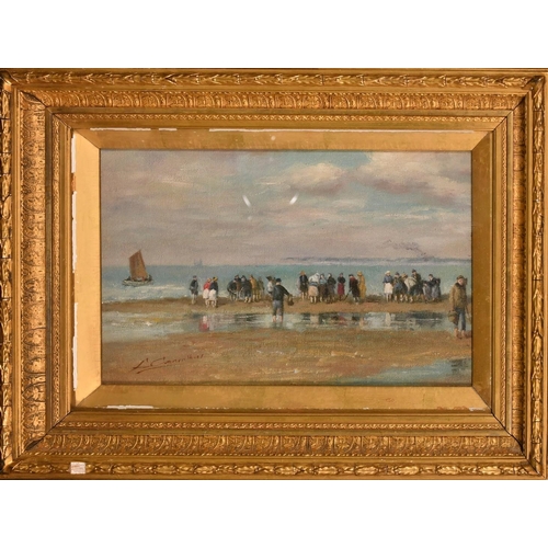 229 - Continental School, Circa 1900, figures gathered on a beach, oil on canvas, indistinctly signed, 9