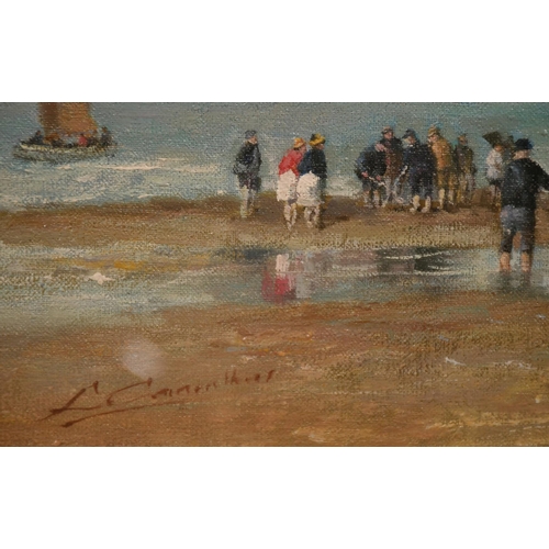 229 - Continental School, Circa 1900, figures gathered on a beach, oil on canvas, indistinctly signed, 9