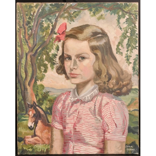 237 - Arthur Ferrier (1890-1973), a portrait study of a young girl standing in front of a horse, oil on ca... 