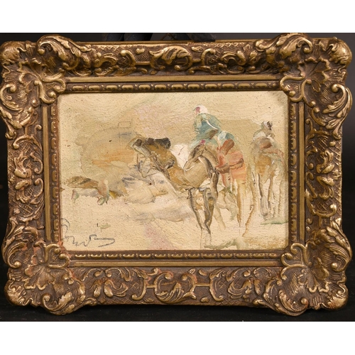 240 - Early 20th Century School, a pair of oil on canvas North African views of figures on camels amongst ... 