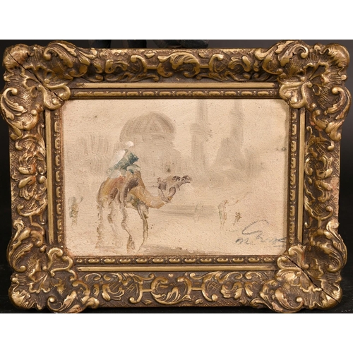 240 - Early 20th Century School, a pair of oil on canvas North African views of figures on camels amongst ... 