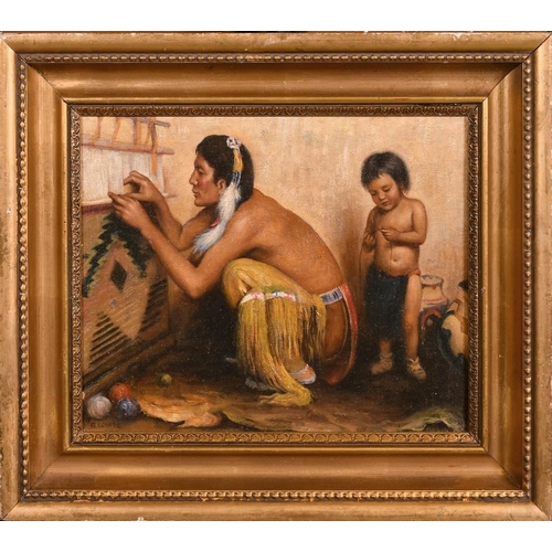 241 - 20th Century, a native American weaving with a child alongside, oil on canvas laid down, indistinctl... 