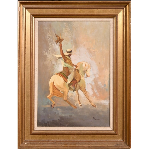 243 - 20th Century, an Arab figure on a horse holding aloft a falcon, oil on canvas, indistinctly signed, ... 