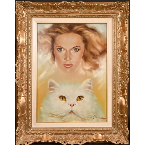 244 - Gastone Peirano (20th Century), head study of a young female and a cat, oil on canvas, signed, 27.5